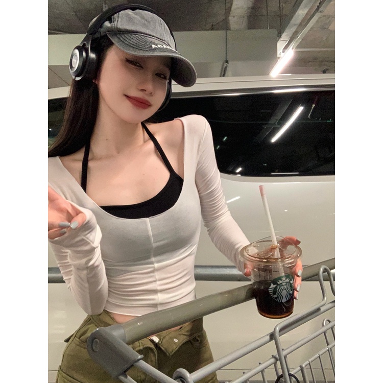 Red kaos Kecil hot gadis seksi setelan slim lengan panjang T-shirt wanita musim panas menggantung leher kecil kamisol atas set dua potong