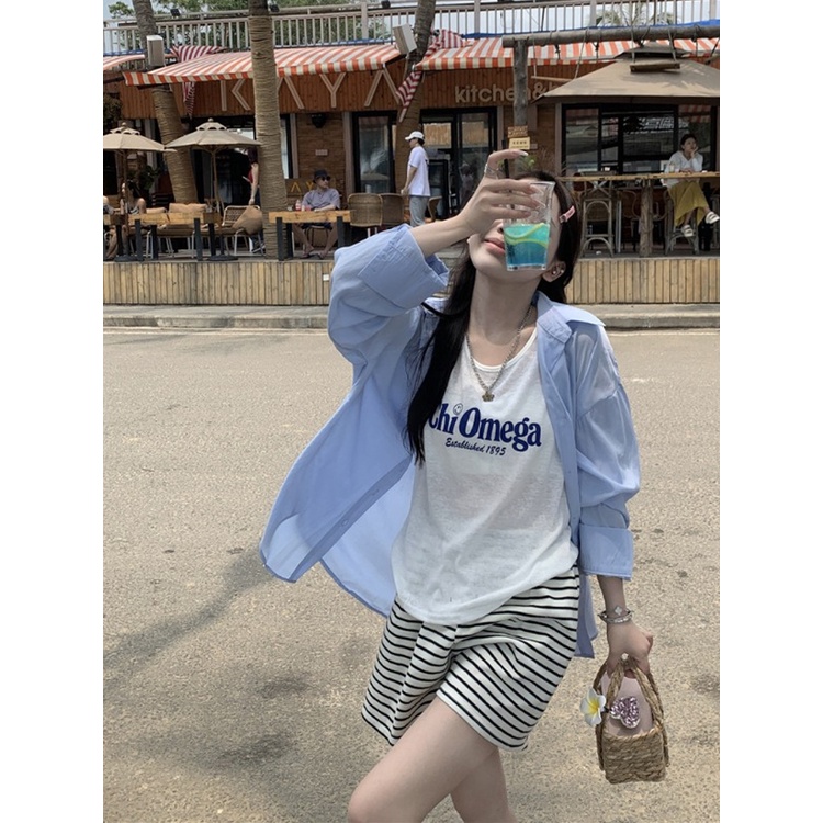 Red Jas angin malas wanita bagian tipis tabir surya jaket kemeja biru surat musim panas tanpa lengan rompi pasang dua potong kasual