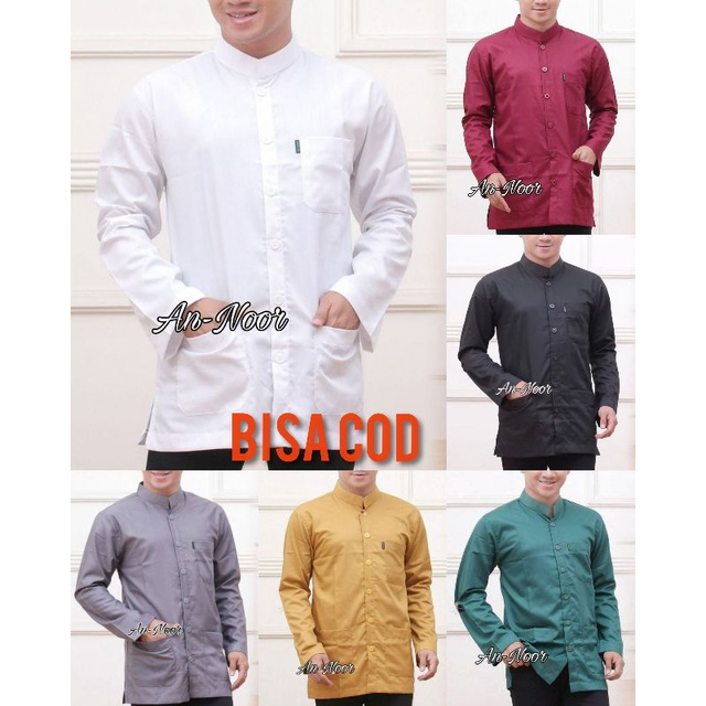 KEMEJA KOKO ANNOOR ALMADINA ALBANA AL QORNI ELEGAN BAHAN MENGKILAP KAIN SUPER SPUN BAJU PUTIH HITAM 