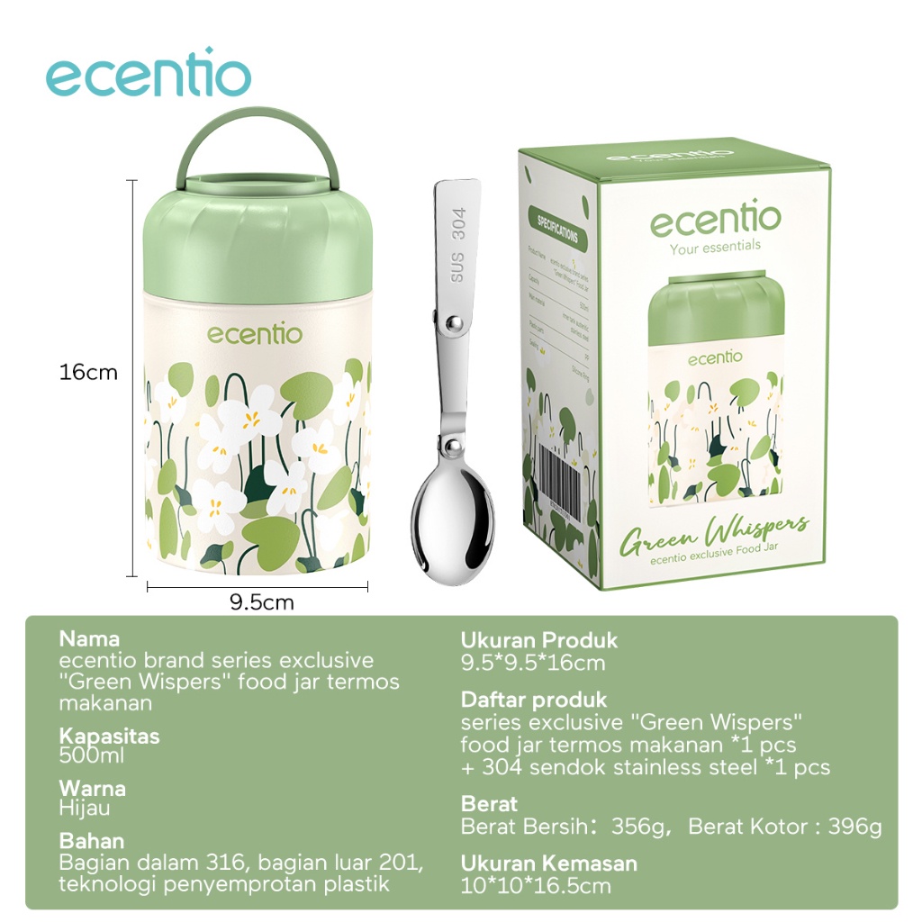 ecentio termos air panas anti tumpah portable TAHAN 24hrs 500ml food jar Termos Makanan dan Sendok lipat berbahan stainless Green Wispers seri