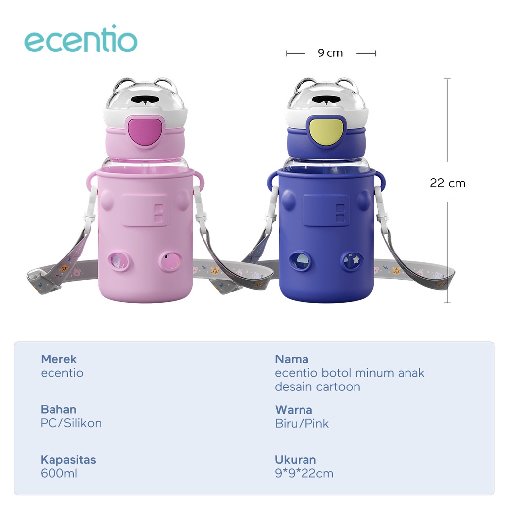 ecentio tumbler minum anak sedotan 600ml dan tas silikon portable/botol minum Anti Bocor Tahan Jatuh/BPA Free