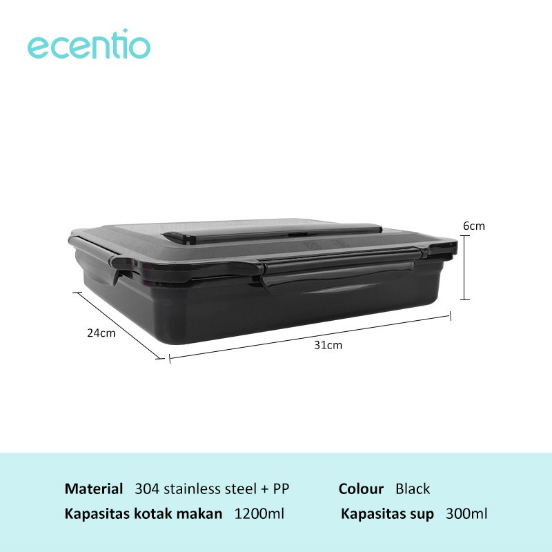 ecentio 5 Grid Lunch box stainless tahan panas Kapasitas Besar/1200ml+300ml Mangkuk sup/kotak bekal Tepak makan