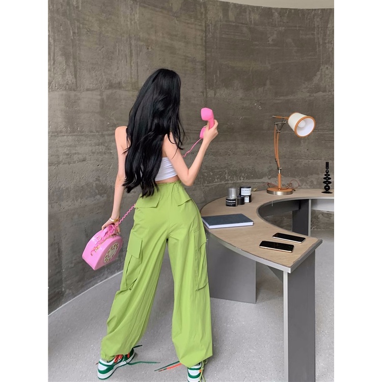 ﹍₪✽Celana Wanita Impor Gaya Amerika Pinggang Tinggi Retro Menari Overall Wanita Musim Panas Longgar Harem Kasual Celana Slim Goreng Jalan hijau Celana Celana Wanita Celana Highwaist