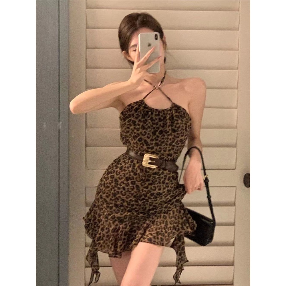Gaun Halter Gambar Macan Tutul Prancis untuk Wanita Musim Panas2023Tidak TeraturaRok Cantik Cantik G