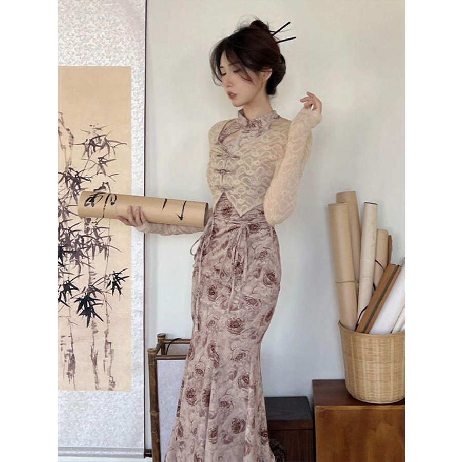 Jas Wanita2023Kardigan Berkancing Katak Renda Retro Musim Semi, Set Dua Potong Gaun Tiongkok Baru Mo