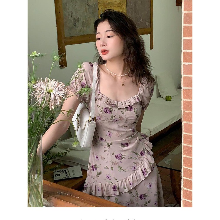 EIAYi Yao Fan Gaun Bunga Retro Perancis Keinginan Murni Elegan Pinggang