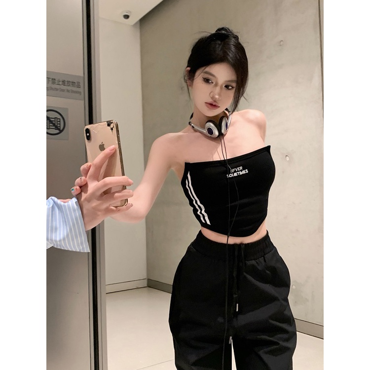 ♙celana wanita impor babes dasi hitam tube top wanita murni keinginan seksi one-shoulder bungkus dada musim panas ketat tanpa lengan rompi pendek celana wanita celana highwaist