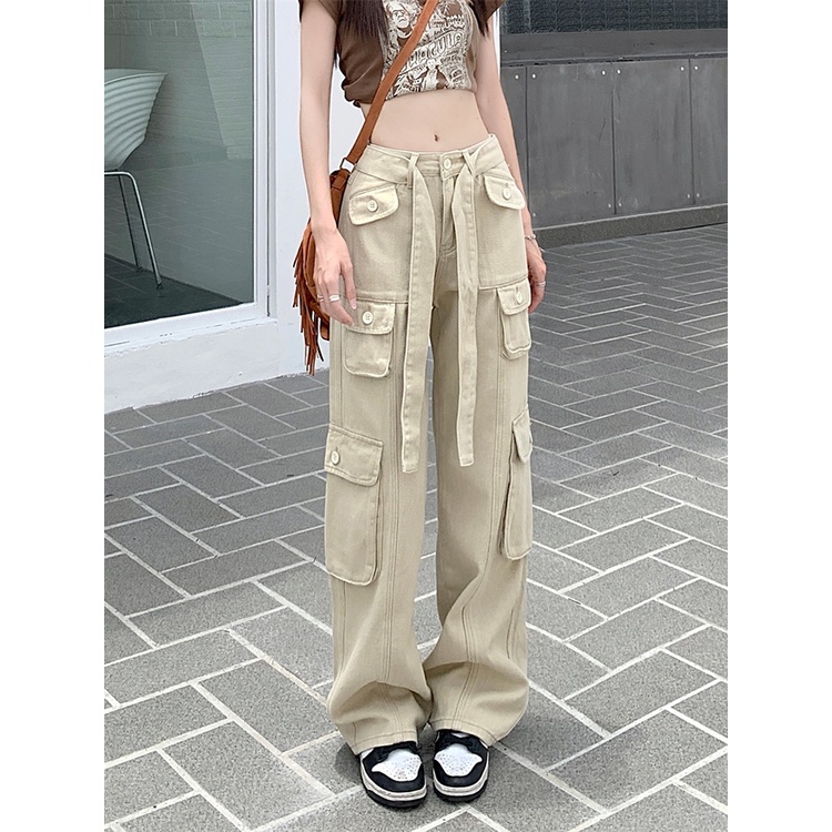 ☎celana wanita import American retro overall kasual celana wanita musim panas Jepang merah muda denim pinggang tinggi kecil lebar kaki celana celana wanita celana highwaist