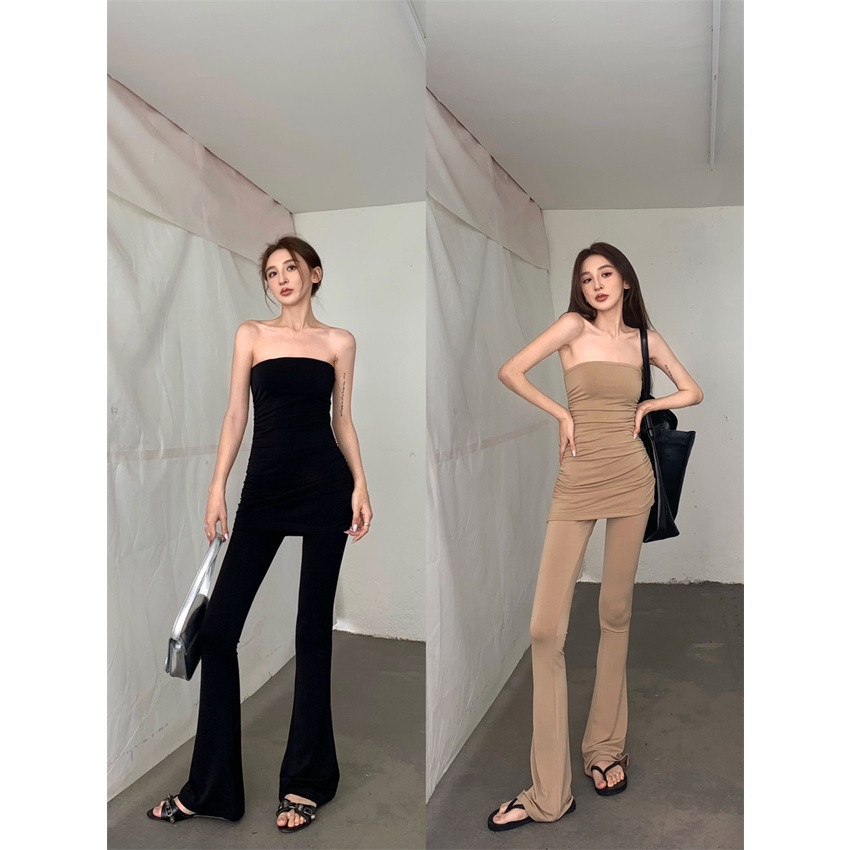 ☎celana wanita import chic top sweet and spicy suit summer tight tube top vest women high waist casual flared pants khaki two-piece pants wanita celana highwaist