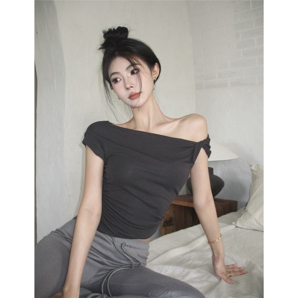 ❀celana wanita import white kink oblique shoulder short-sleeve t-shirt women s summer slim fit pure desire to look thin high waist hot girl small short top pants wanita celana highwaist