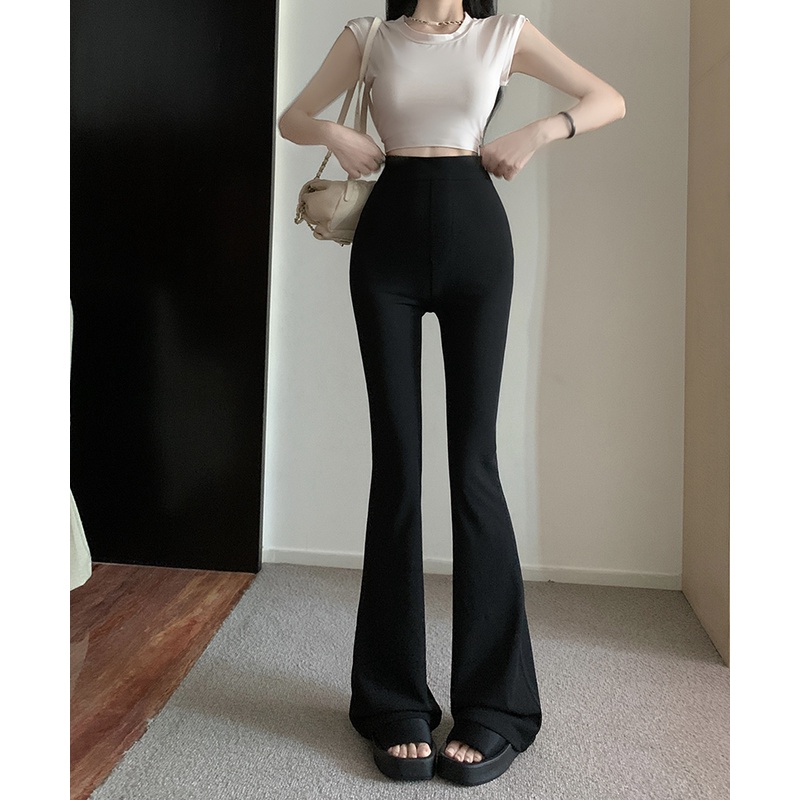 ❍❀celana wanita import ice silk drape high-waist casual pants women s summer straight-leg pants slimming yoga micro flared trousers black horseshoe pants celana wanita celana highwaist