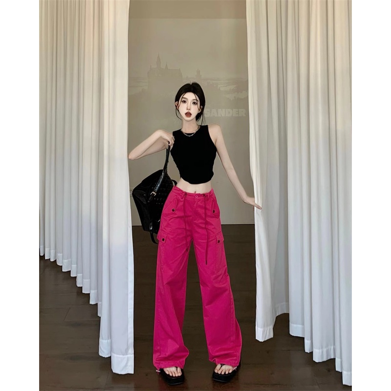 ❃♞celana wanita import mawar merah serut kasual celana wanita musim panas gaya amerika overall pinggang tinggi longgar lurus celana berkelompok celana lebar kaki celana celana wanita celana highwaist