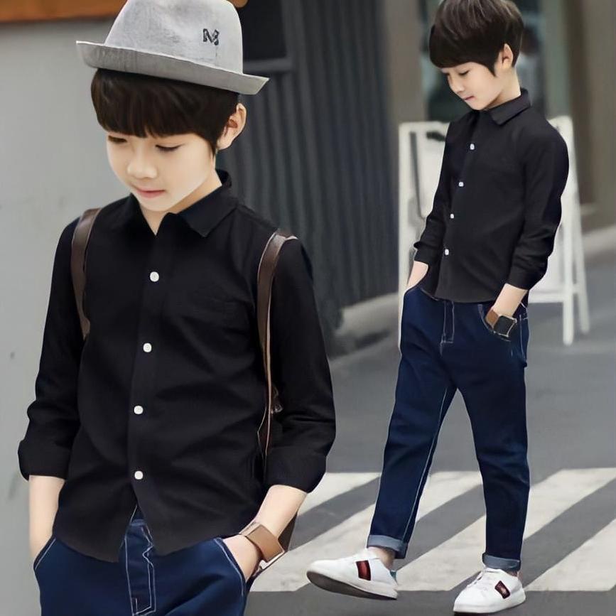 HOT Kemeja Polos Hitam Anak Laki Laki Lengan Panjang /Kemeja Anak Laki Lengan Panjang Polos / Baju K