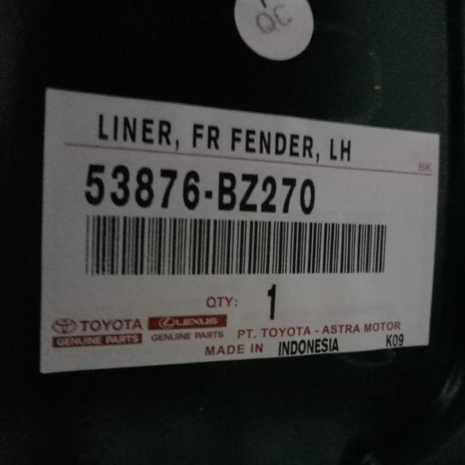 Liner Fender Kiri Avanza Xenia 53876-Bz270 Untuk Tahun 2017/2018
