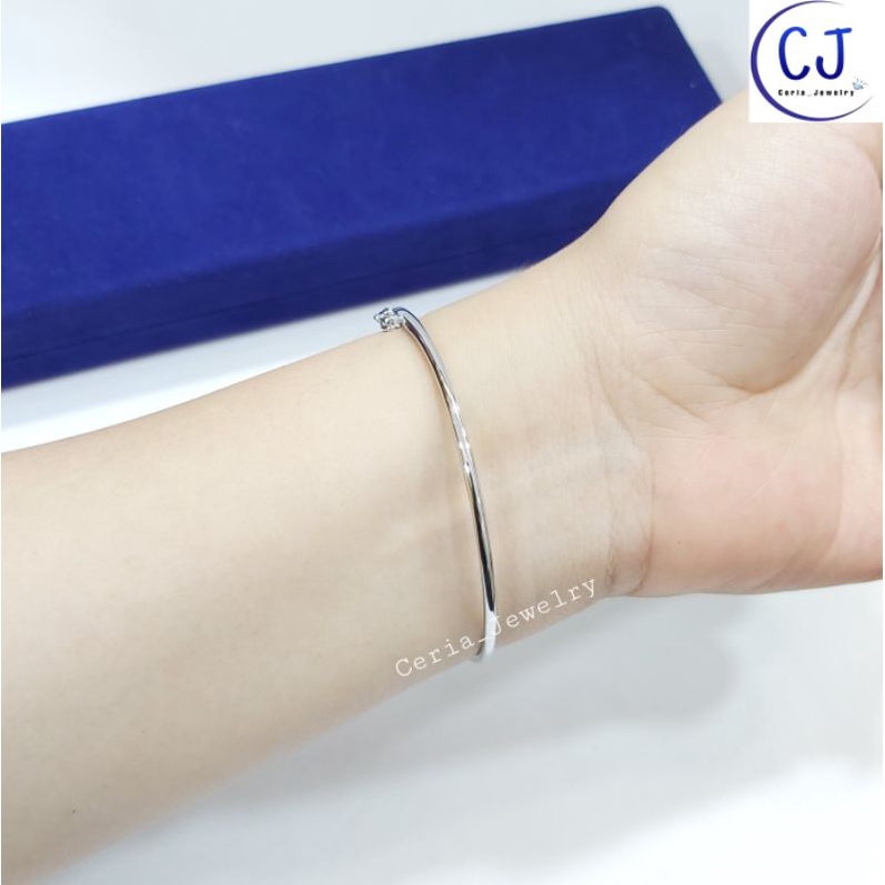 Gelang Tangan Perak Asli Silver Wanita 925 Lapis Emas Putih Model Bangle Bulat Variasi Listring Gelombang 1 baris - Perhiasan Perak Asli