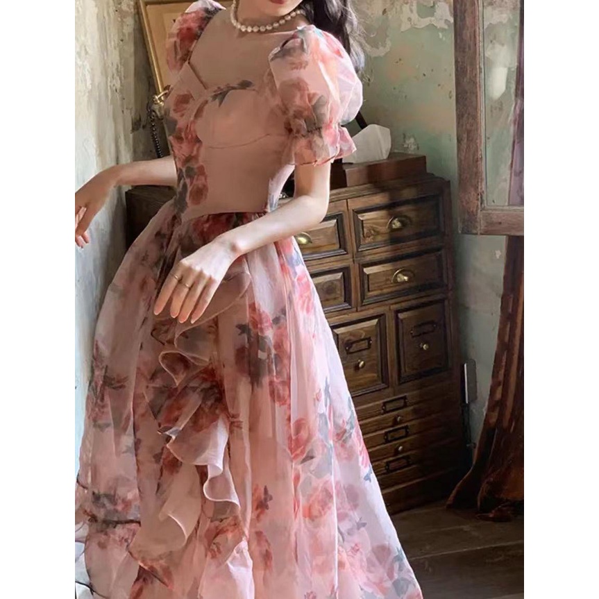 dress floral korea Gaun Bunga Wanita Kerah Kotak Mawar, Retro Gaya Perancis2023Long Dress Pelangsing