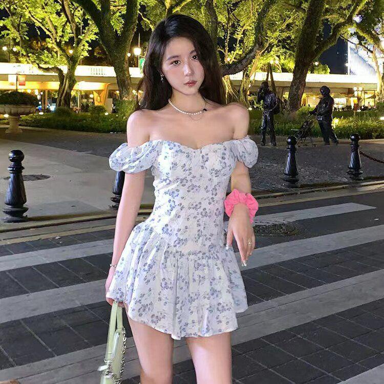 dress floral korea Gaun Bunga Wanita Lengan Pendek Musim Panas Gaun Peri Lembut Rok Pendek Ketat Pin