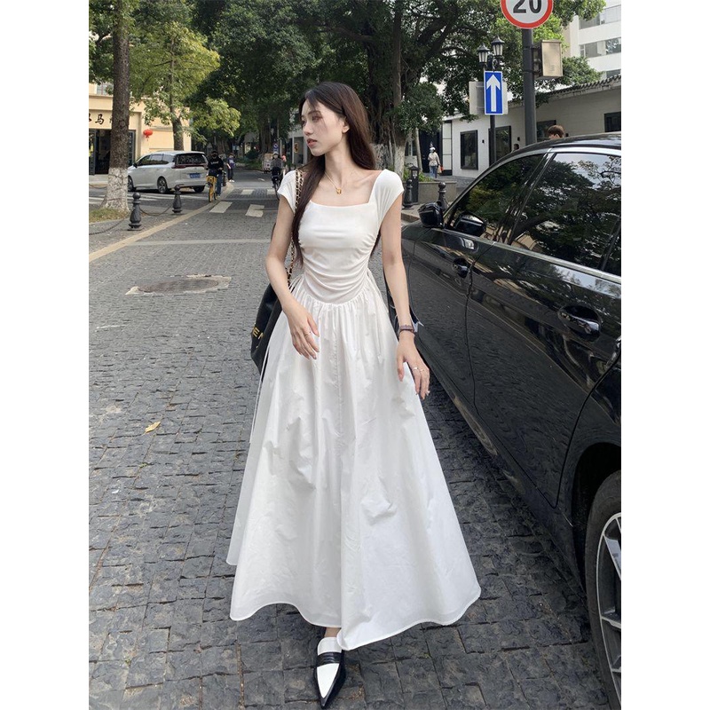 dress floral korea Musim Panas Lengan PendekTGaun Kaus Wanita Prancis Jahitan Kerah Persegi, Baju Pe