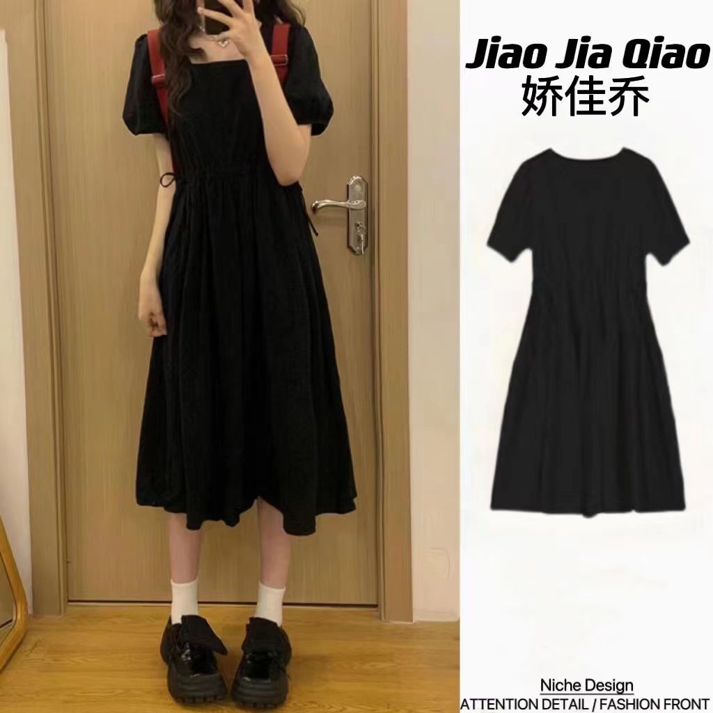 dress floral korea Jiao Jia Qiao/Lengan Puff Hitam ManisaBaju Wanita Pinggang Sedikit Gemuk, Rok Mid