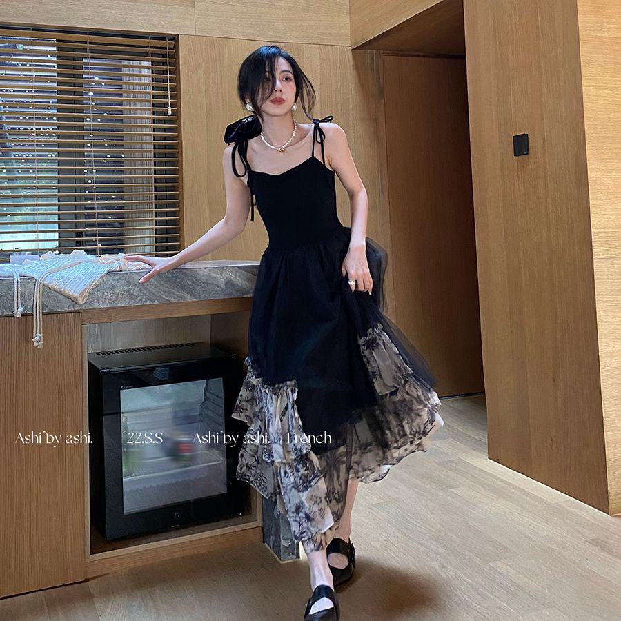 dress floral korea Gaun Wanita Tali Bunga Hitam Angin Hepburn Gaun Panjang Rasa Pengendali Pinggang