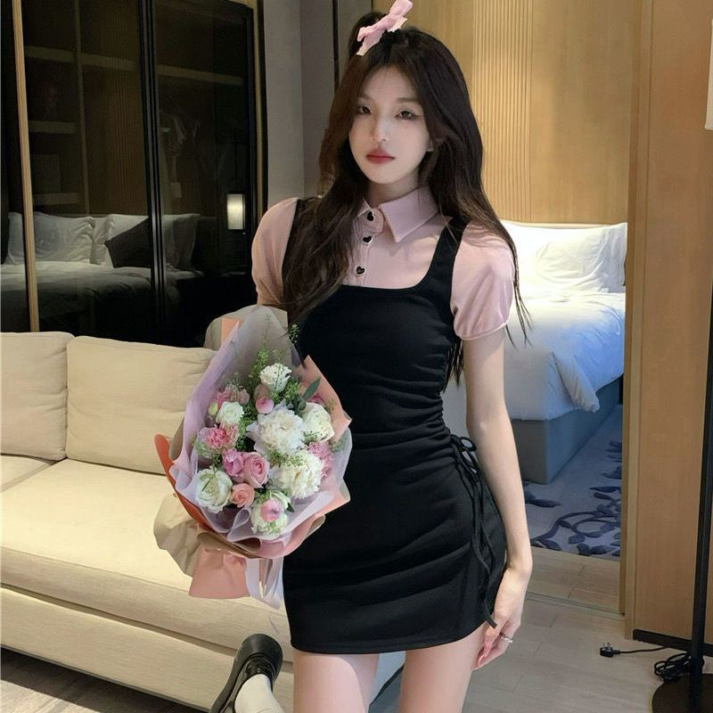 dress floral korea Dua Potong Palsu Dewi Musim PanasPOLOKerah Murni Gaya Rok Pendek Gaun Ketat Rampi