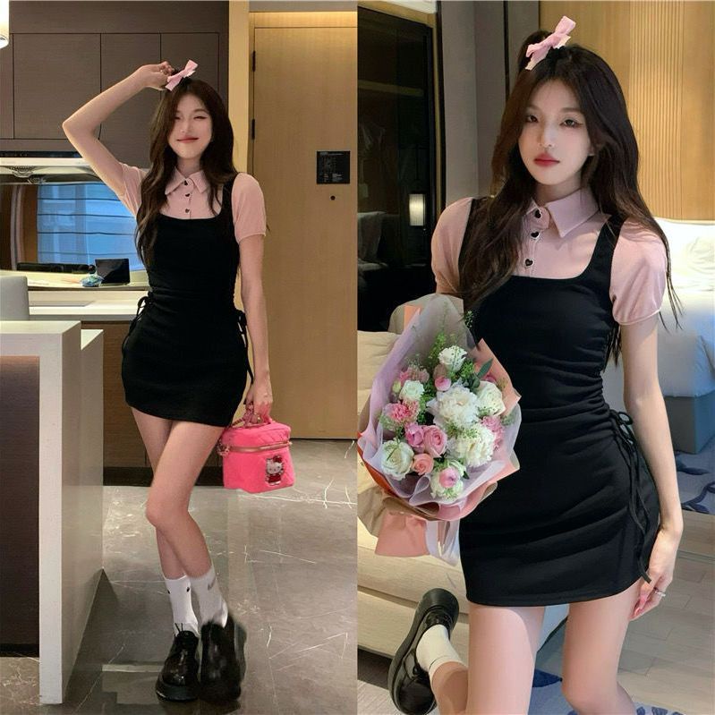 dress floral korea Dua Potong Palsu Dewi Musim PanasPOLOKerah Murni Gaya Rok Pendek Gaun Ketat Rampi