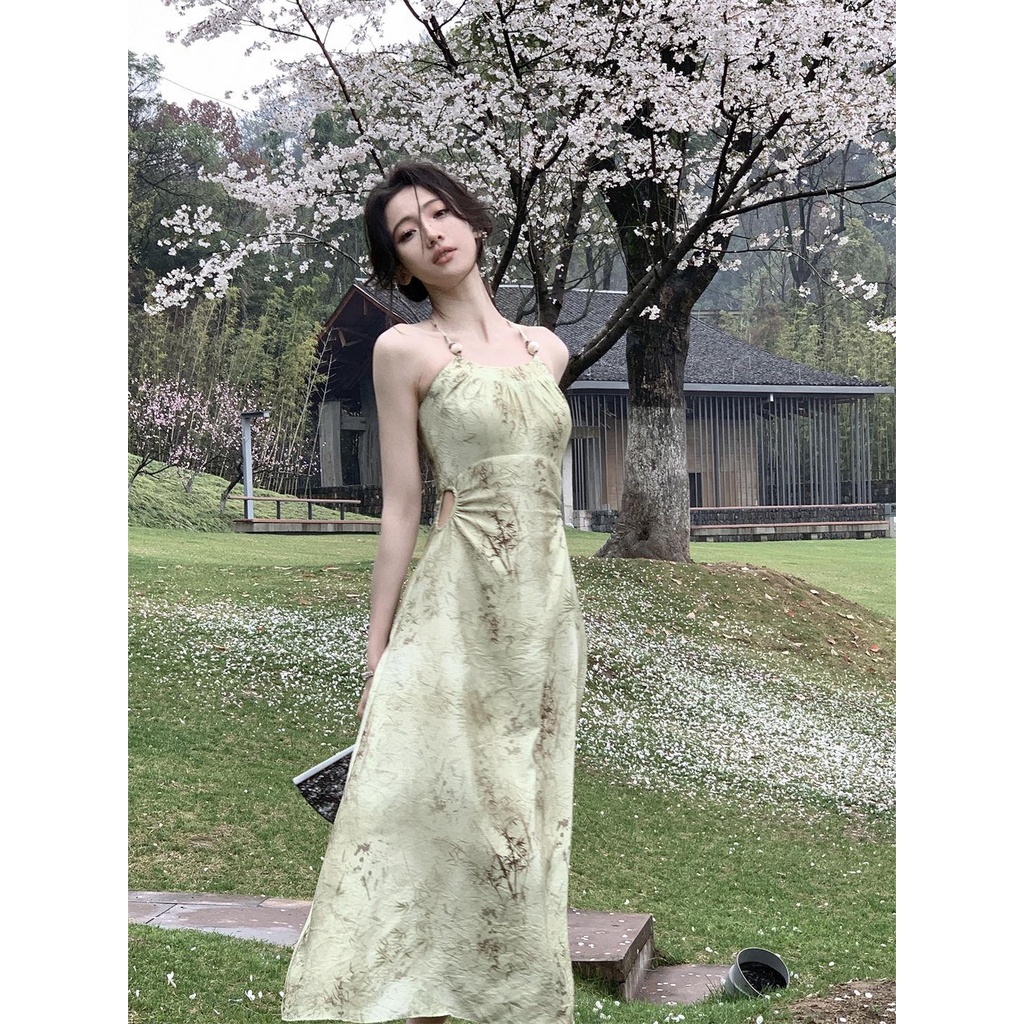 dress floral korea Gaun Wanita Musim Panas Tali Spaghetti, Gaun Musim Panas Halter Motif Gaya Cina B