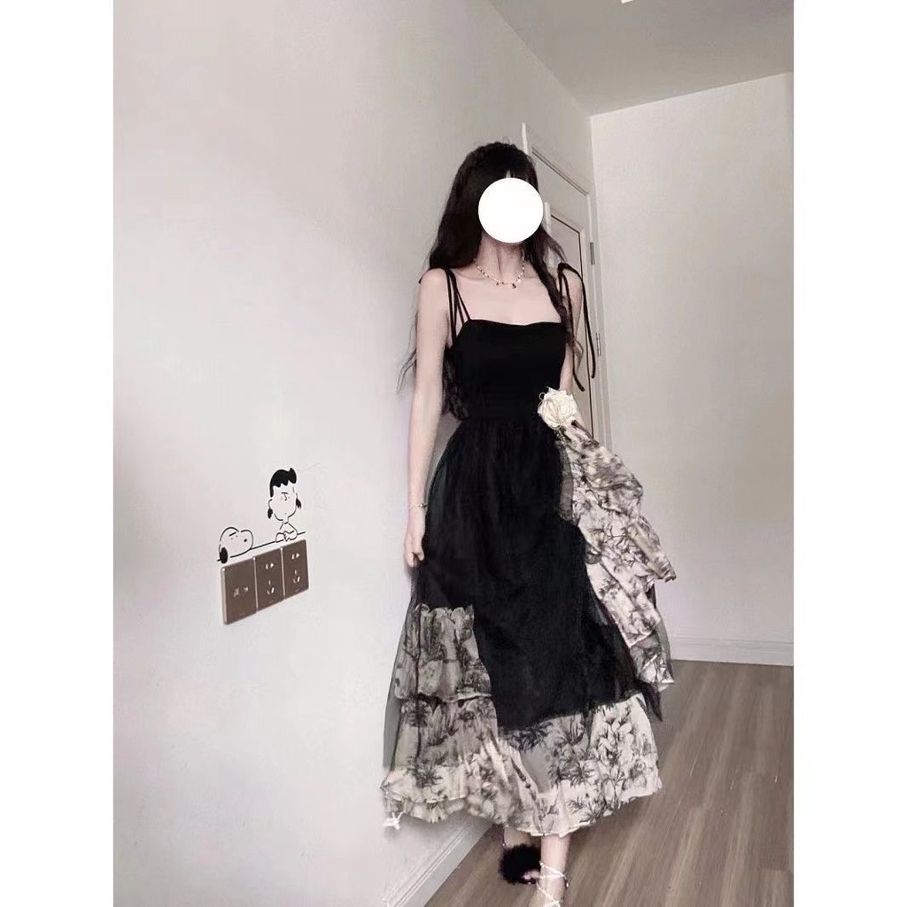 dress floral korea Gaya Hepburn Prancis Retro Cantik Musim Panas2022Gaun Midi Jala Cinched