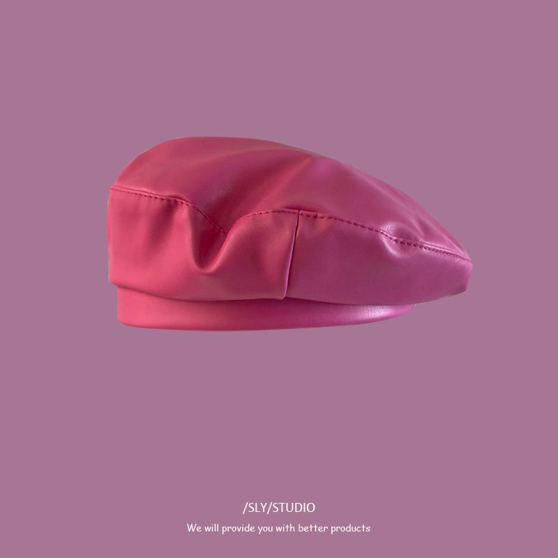 Baret wanita all-match versi Korea pu kulit kepribadian flat-top artis topi fashion warna solid hip-