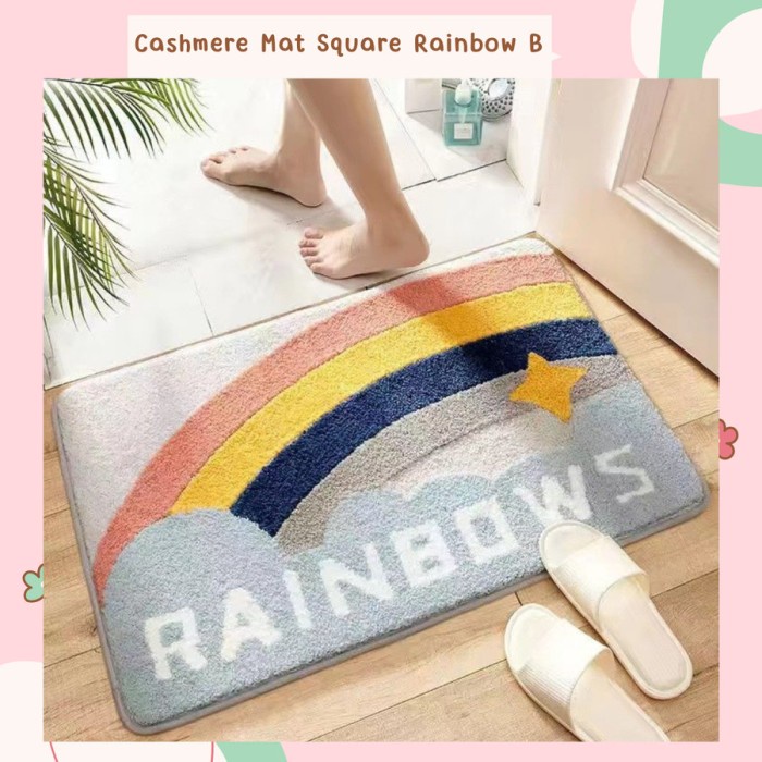 Keset Kaki Cashmere Mat Lembut Bulu Tebal Halus Alas Anti Slip Modern SQUARE RainbowB B4E7 Karakter 