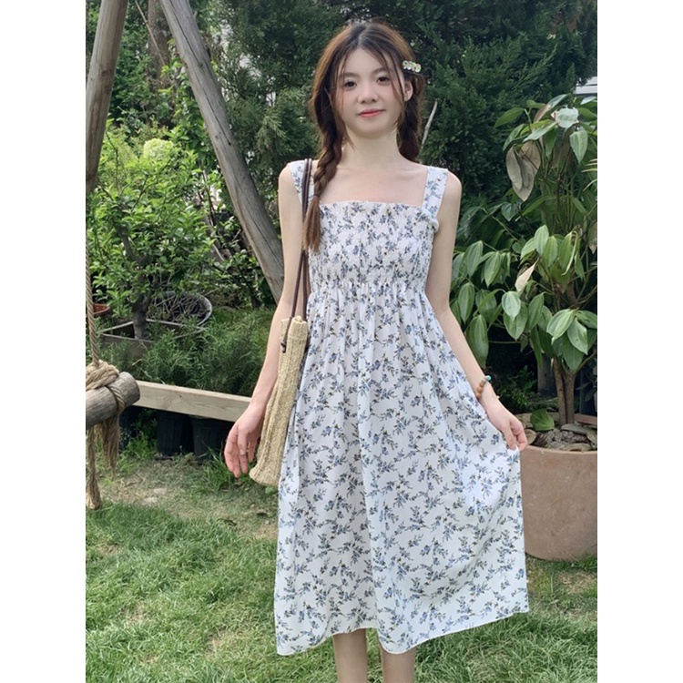 Red Tea break French small floral sling dress 2023 female summer small slim fit small fresh beach short skirt