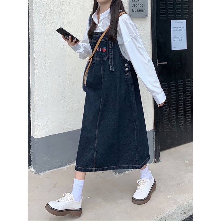 Red Denim suspender rok musim panas 2023 versi Korea baru lucu rok longgar mid-panjang mahasiswa gaun perempuan in