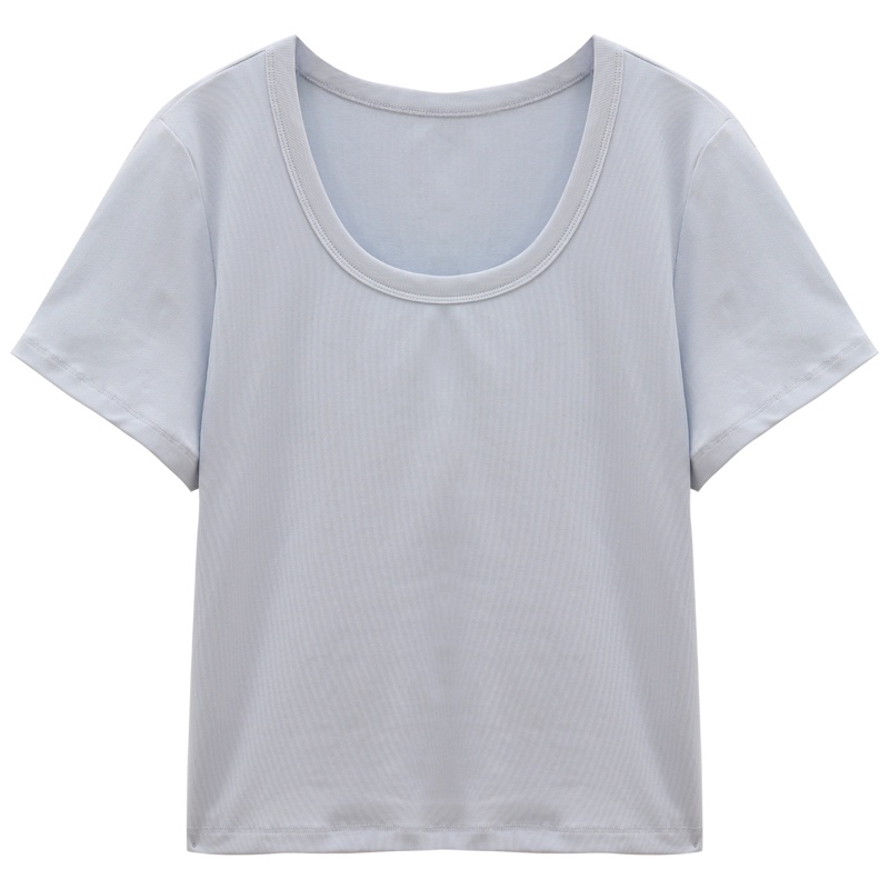 Red Sederhana Leher U Biru Lengan Pendek T-shirt Wanita Musim Panas 2023 Baru Gadis Panas Slim Pendek Temperamen Slim Bahu Top