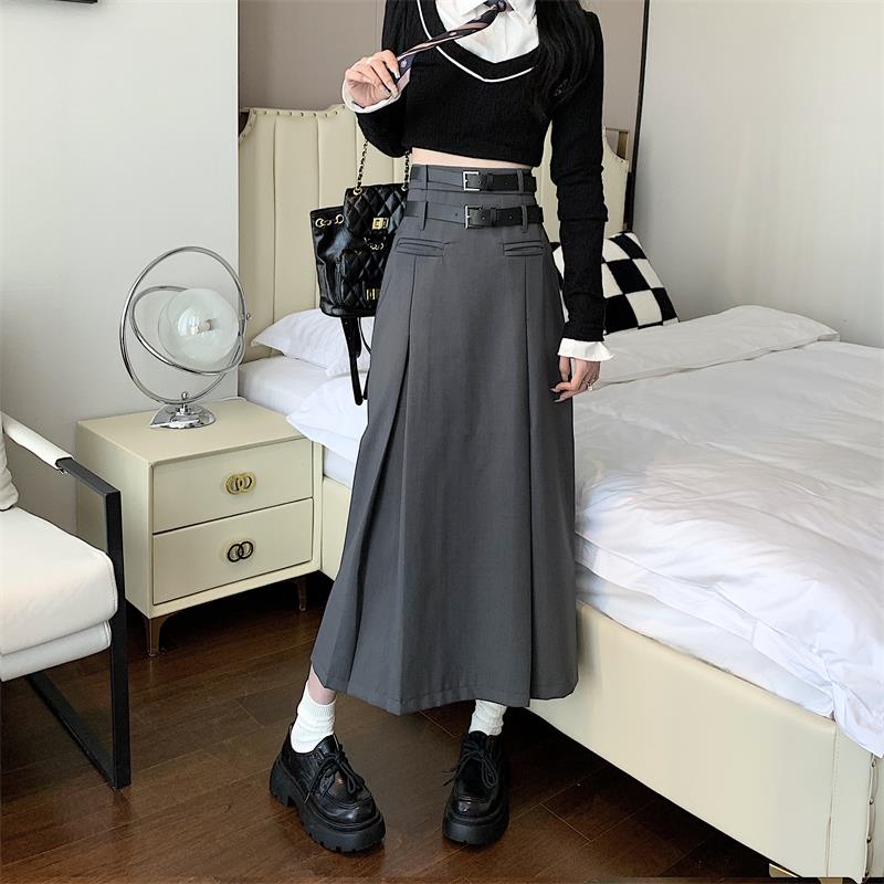 Red Design sense double belt rok hitam wanita musim semi 2023 mode baru pinggang tinggi mid-panjang a-line setelan rok