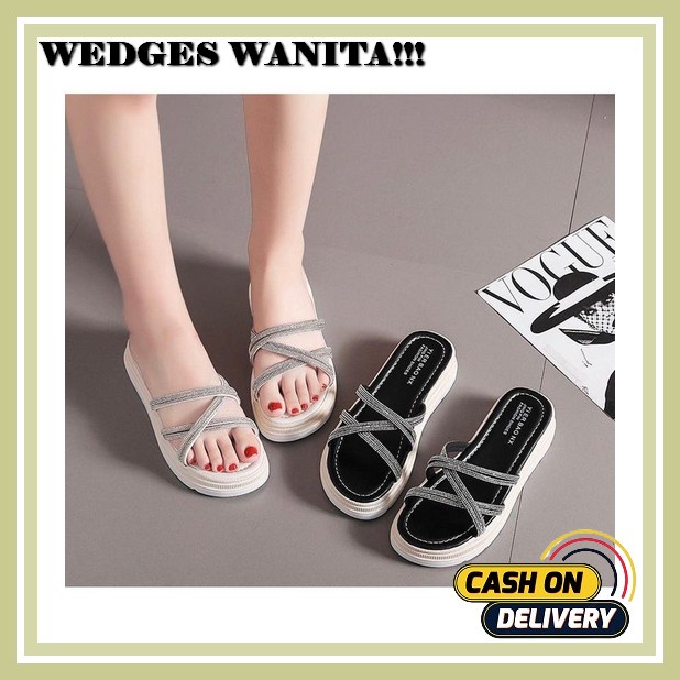 Sandal Wanita Wedges Premium Murah Kekinian Style Trendy Wejes Cewek Perempuan Karet Korea Branded M