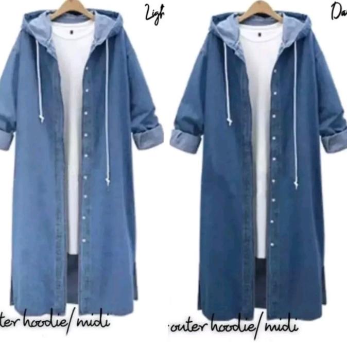 jaket hoodie wanita denim jeans jacket outer hoody panjang long outer
