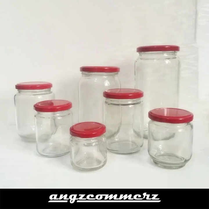 

ANGZCOMMERZ Snack Jar Tube Round Bottom Clear Glass Metal Red Cap 75 ml