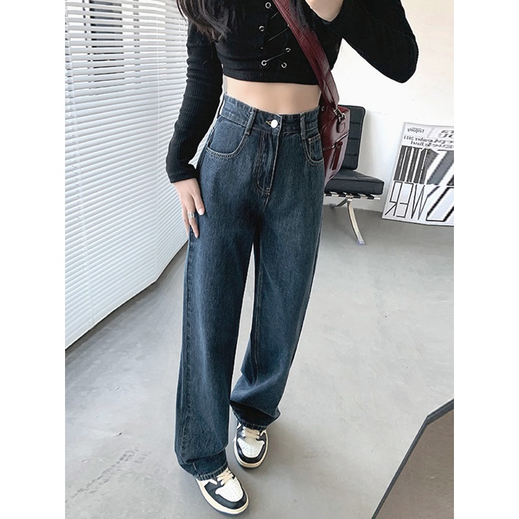 NEW Korean Style Kekinian High Waist Straight Pants Baggy Panjang Kulot Panjang Celana Jeans Wanita