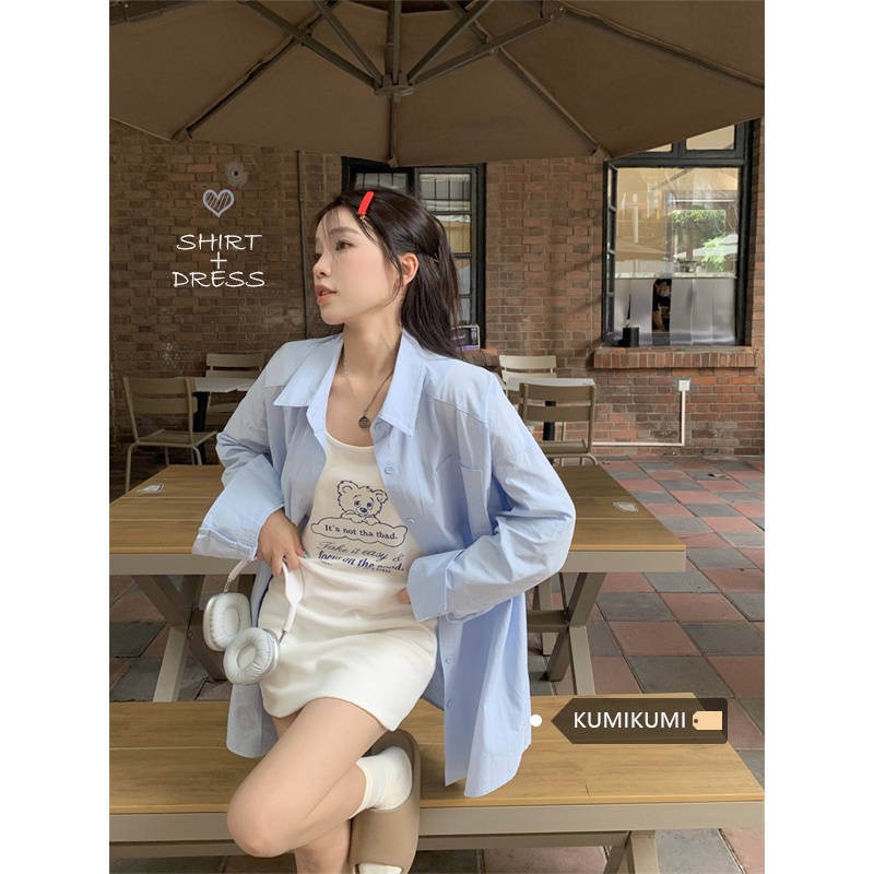 ◙✜○gaun musim panas pantai garam memakai kemeja lengan panjang biru jaket musim semi wanita rompi gaun rok pendek dua potong set