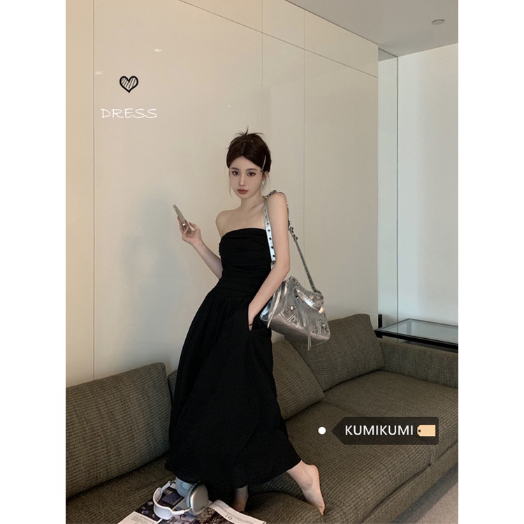 ✶☫☸Gaun musim panas pantai hitam tube top rok tanpa lengan gaun wanita musim panas rasa desain lipit rok A-line over-the-knee rok