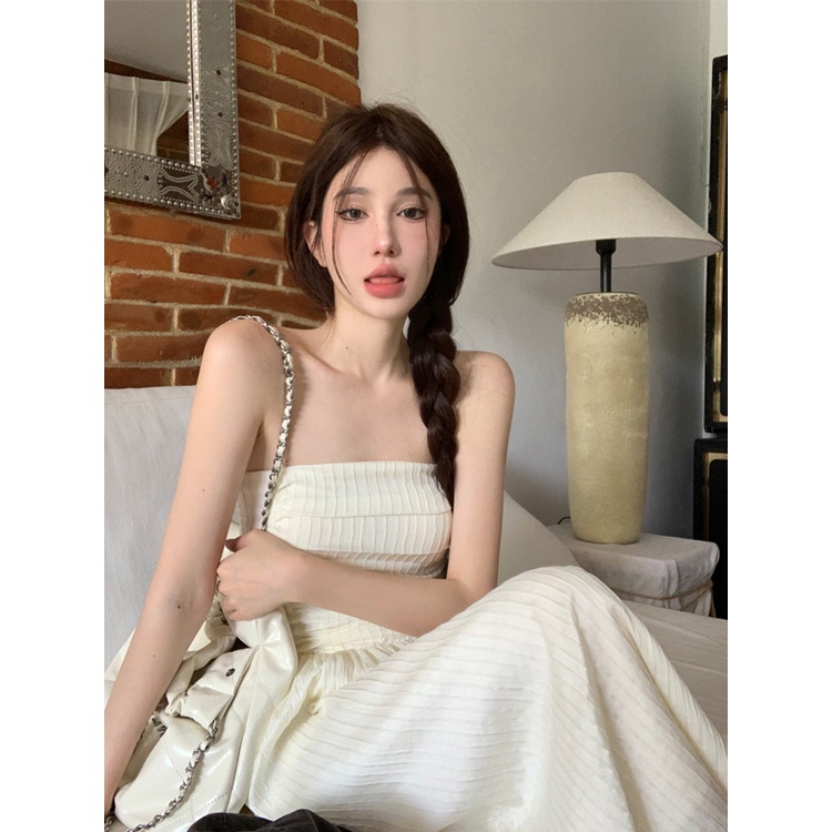 ✶☫☸Gaun musim panas pantai hitam tube top rok tanpa lengan gaun wanita musim panas rasa desain lipit rok A-line over-the-knee rok