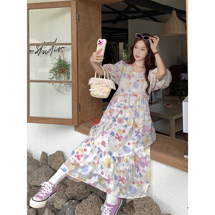 ₪dress summer beach sweet floral skirt round neck puff sleeve dress women s summer design sense mid-length A-line skirt