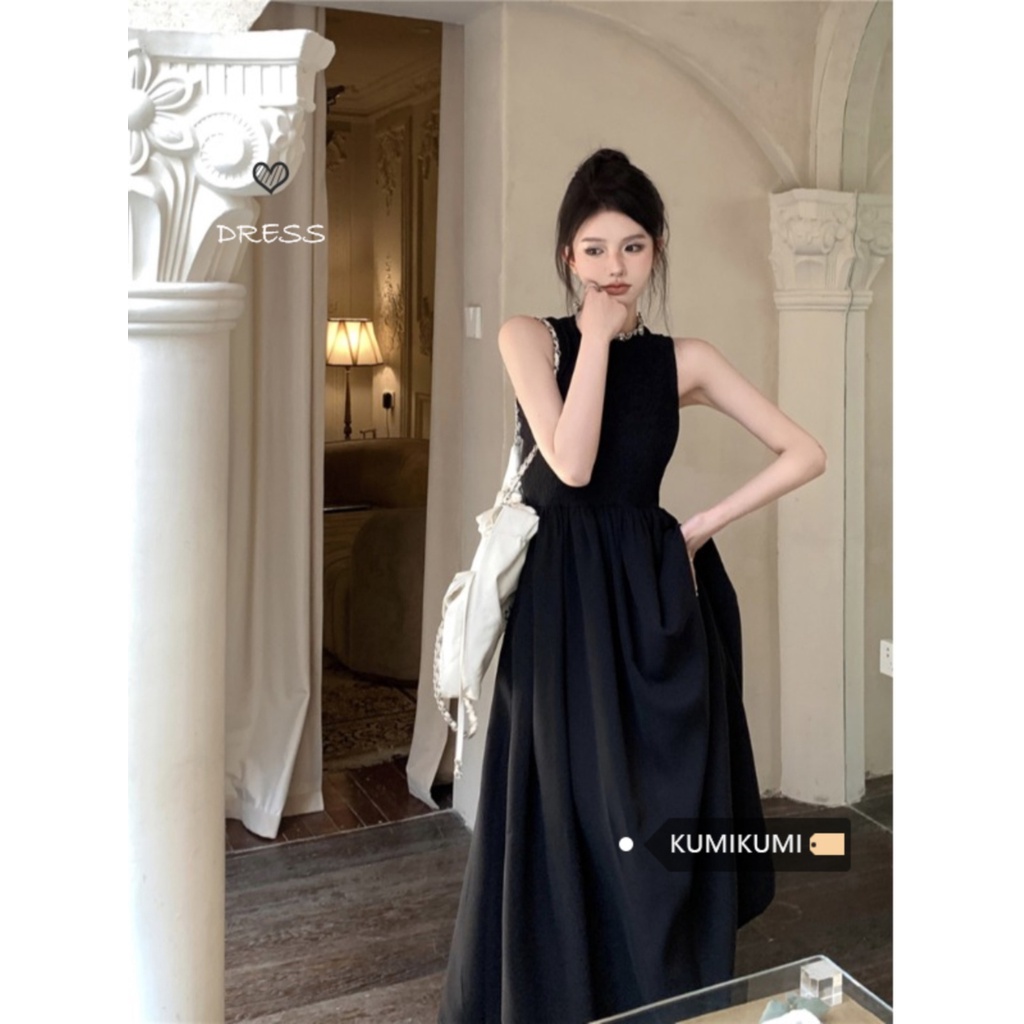 ❀┇gaun musim panas pantai hitam tanpa lengan Perancis retro temperamen Hepburn gaun wanita musim panas rasa desain rompi ceruk backless rok panjang