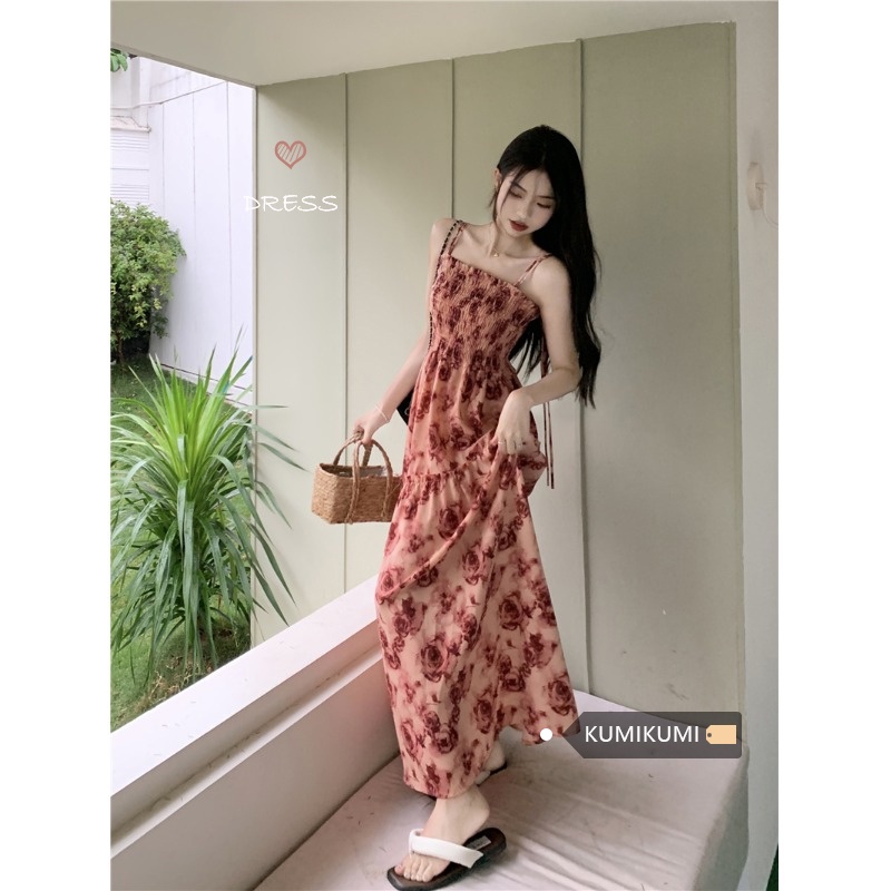 ♞☏gaun musim panas pantai French rose cetak suspender rok musim panas wanita pinggang lipit dress temperamen rok panjang ramping