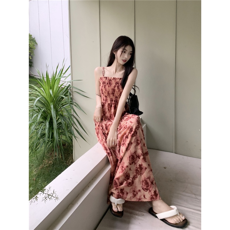 ♞☏gaun musim panas pantai French rose cetak suspender rok musim panas wanita pinggang lipit dress temperamen rok panjang ramping