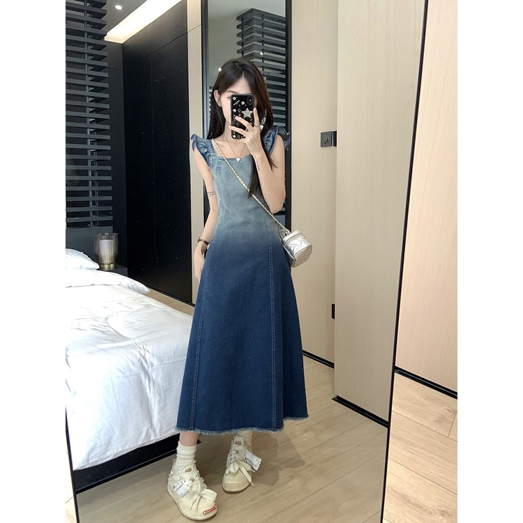 ☁gaun musim panas pantai retro gradien gaun denim wanita musim panas rasa desain tali rok celah terbang kecil lengan rok panjang rok a-line