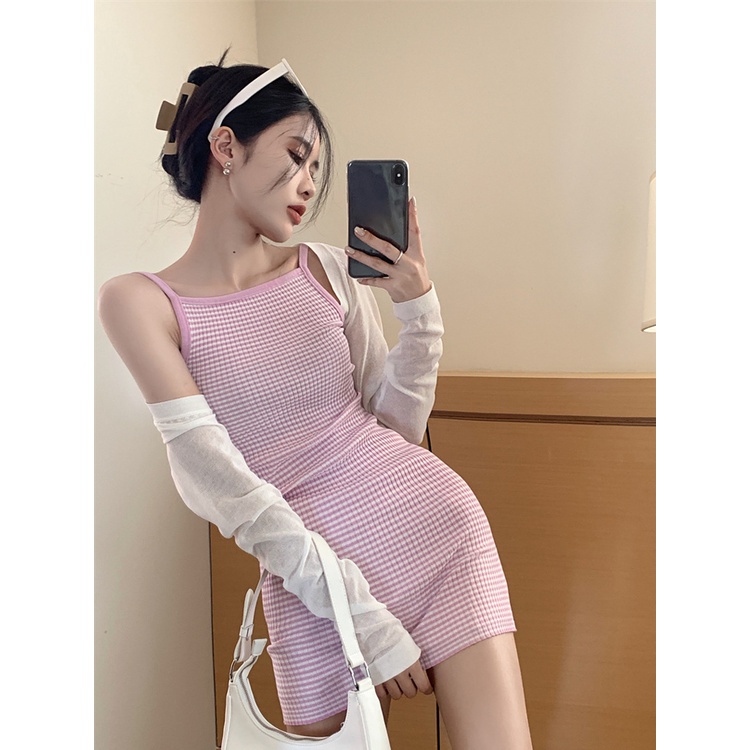 ◐☬dress summer beach niche striped knit suspender skirt female slim fit bag hip skirt summer sexy babes skirt open back dress