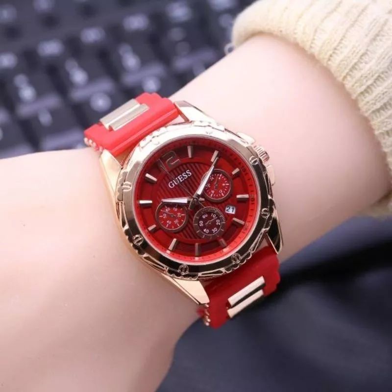 JAM TANGAN WANITA GUESS TANGGAL TALI RUBBER BEST TERMURAH