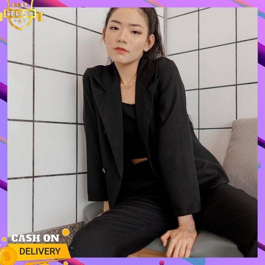 Setelan Blazer Wanita 1 Set Jumbo  Terbaru Kemeja 2In1 Rompi Atasan Kantoran Lengan Panjang Ootd Cro