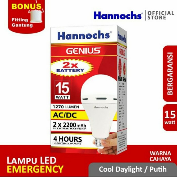 lampu Hannochs - Lampu emergency LED AC/DC Genius 15 Watt - Cahaya Putih(B6F1) gratis ongkir lampu d